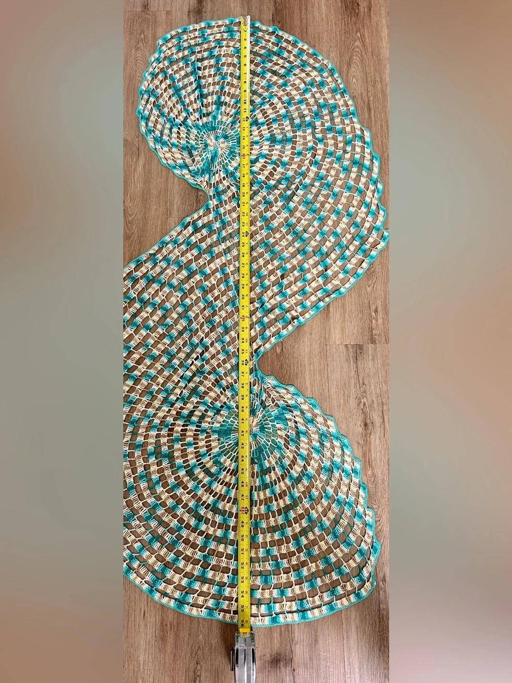 Vintage Hand Crochet S-Shape Serpentine Table Runner Boho Teal Cream 56x30